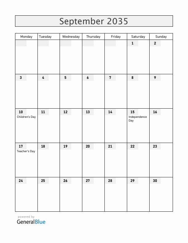 Honduras September 2035 Calendar with Holidays