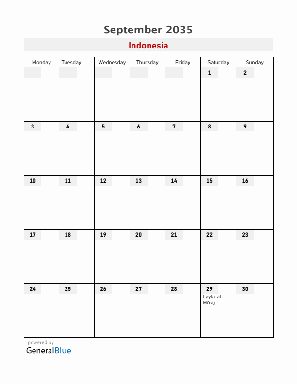 Indonesia September 2035 Calendar with Holidays