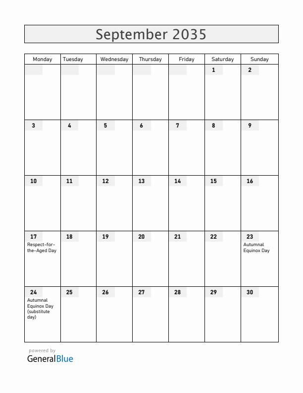 Japan September 2035 Calendar with Holidays