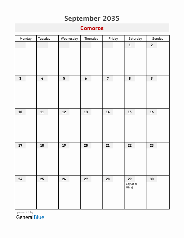 Comoros September 2035 Calendar with Holidays