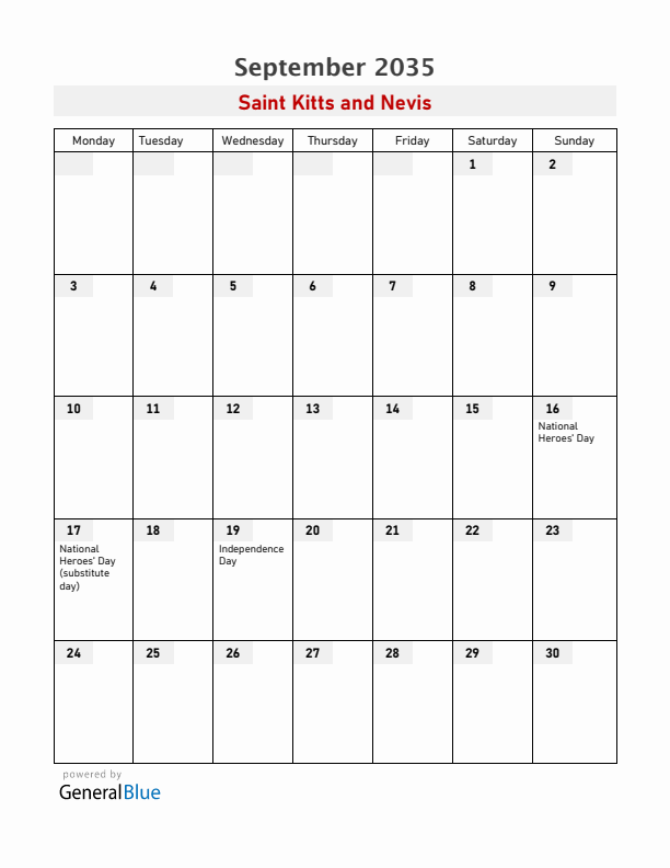 Saint Kitts and Nevis September 2035 Calendar with Holidays