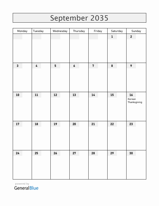 South Korea September 2035 Calendar with Holidays