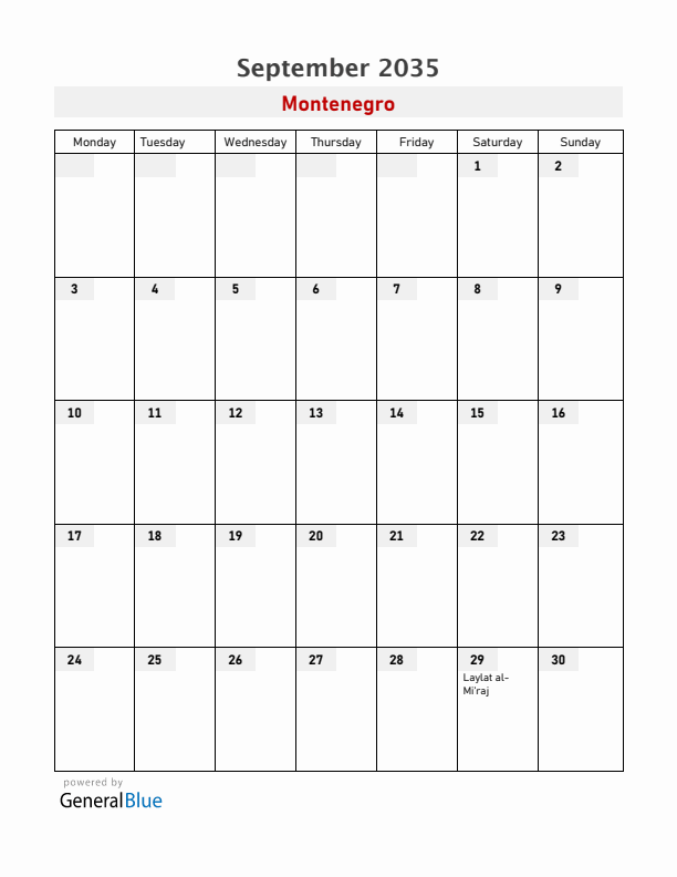 Montenegro September 2035 Calendar with Holidays