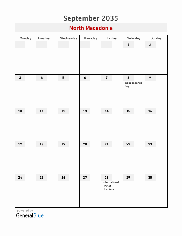 North Macedonia September 2035 Calendar with Holidays