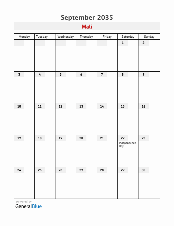 Mali September 2035 Calendar with Holidays