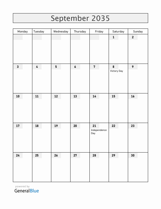 Malta September 2035 Calendar with Holidays
