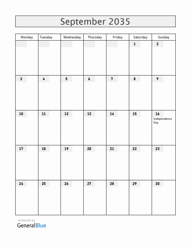 Mexico September 2035 Calendar with Holidays
