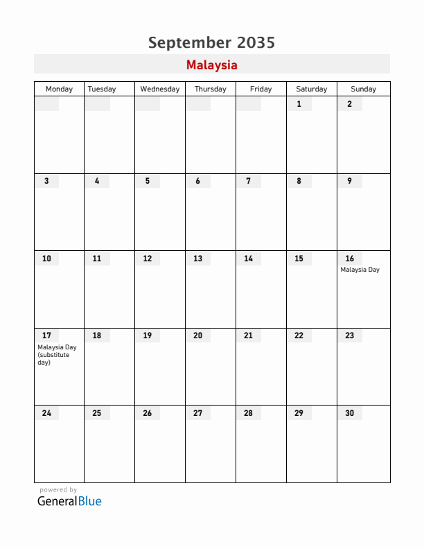 Malaysia September 2035 Calendar with Holidays