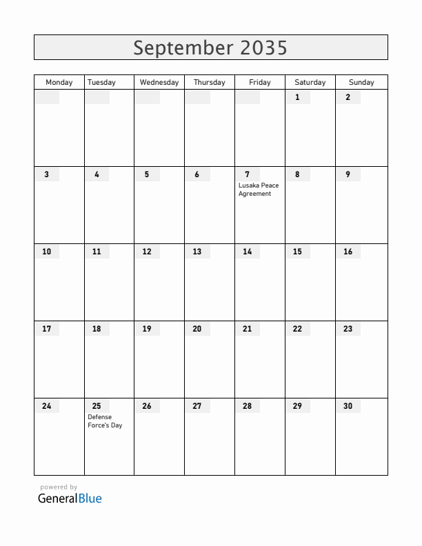 Mozambique September 2035 Calendar with Holidays
