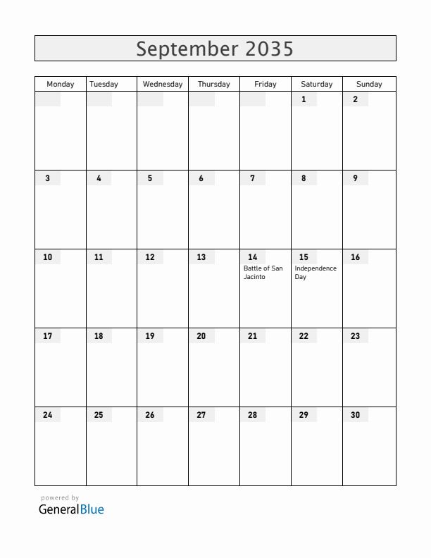 Nicaragua September 2035 Calendar with Holidays