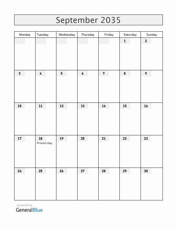 The Netherlands September 2035 Calendar with Holidays