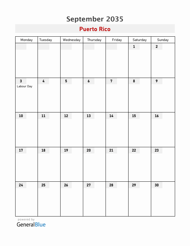 Puerto Rico September 2035 Calendar with Holidays