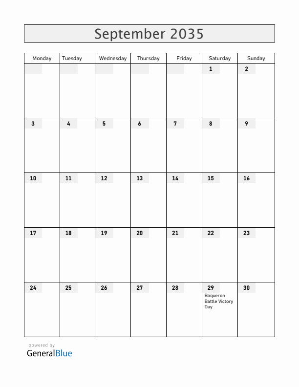 Paraguay September 2035 Calendar with Holidays
