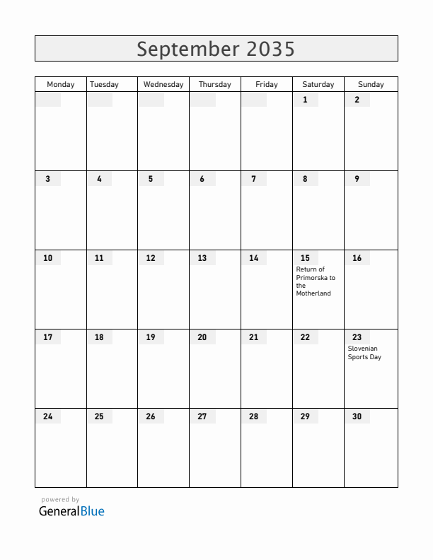 Slovenia September 2035 Calendar with Holidays
