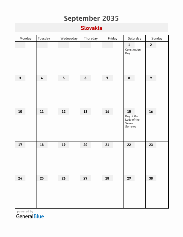 Slovakia September 2035 Calendar with Holidays