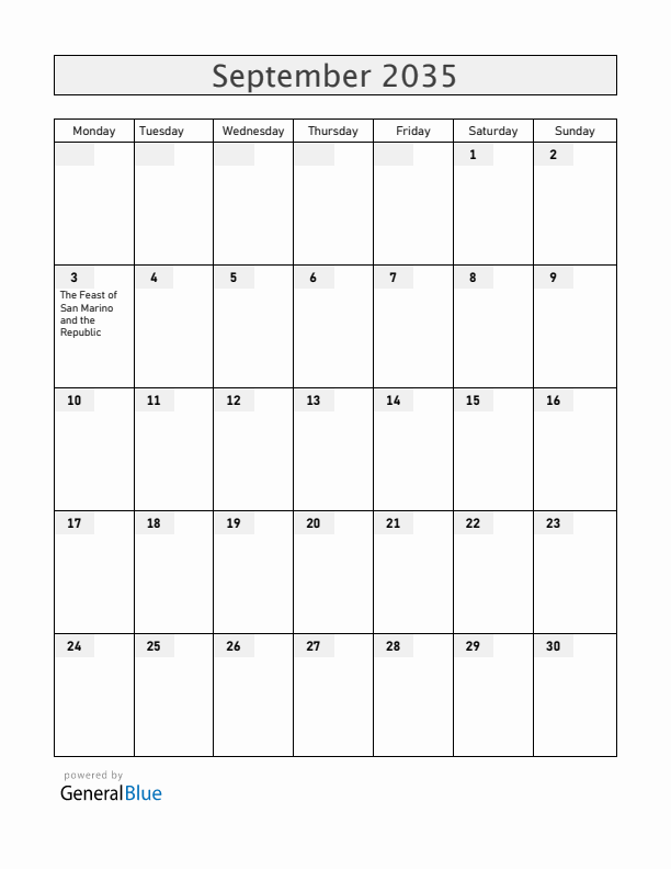 San Marino September 2035 Calendar with Holidays