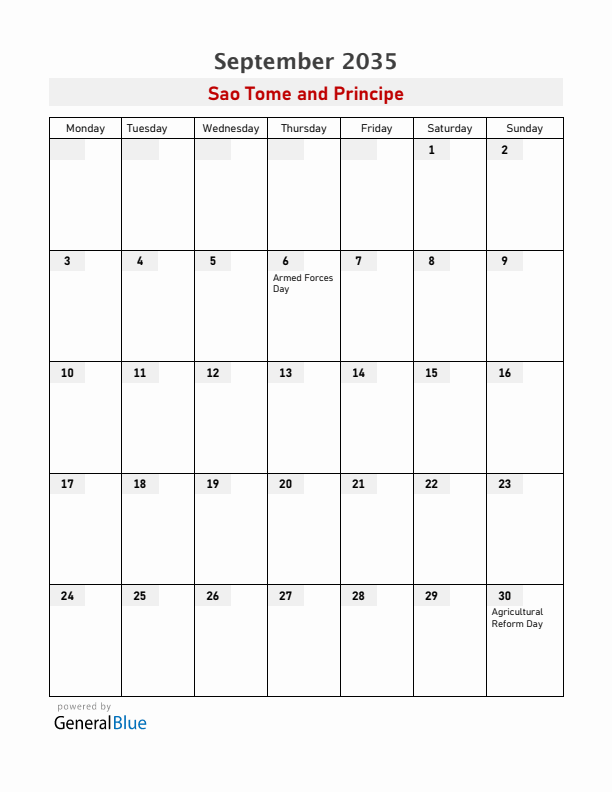 Sao Tome and Principe September 2035 Calendar with Holidays