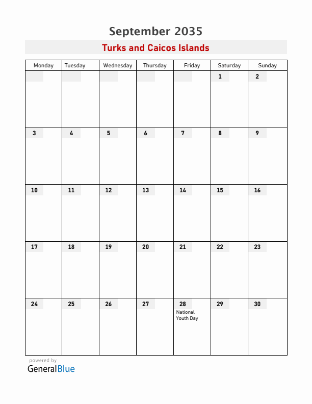 Turks and Caicos Islands September 2035 Calendar with Holidays