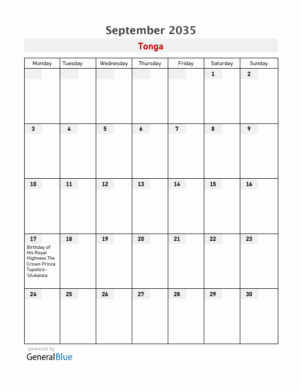 Tonga September 2035 Calendar with Holidays