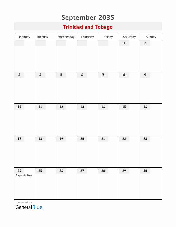 Trinidad and Tobago September 2035 Calendar with Holidays