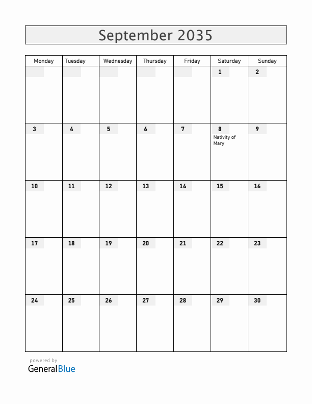 Vatican September 2035 Calendar with Holidays