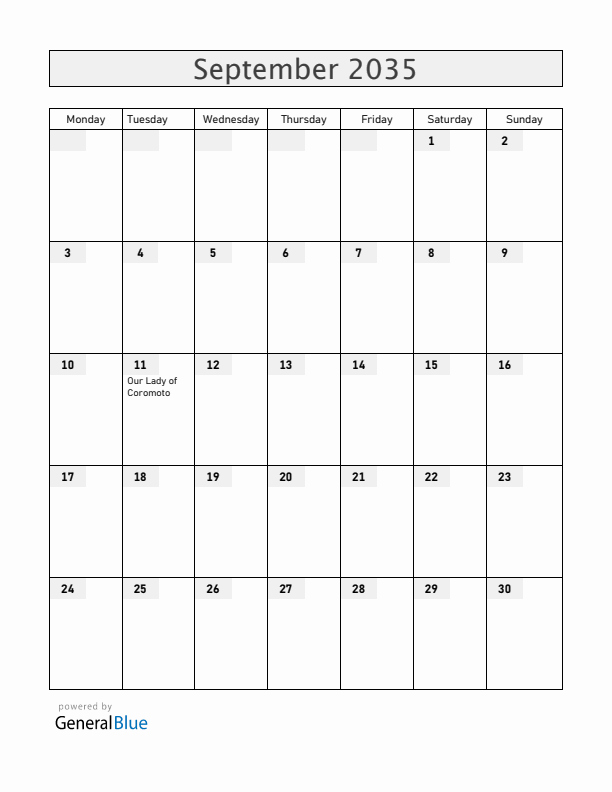 Venezuela September 2035 Calendar with Holidays