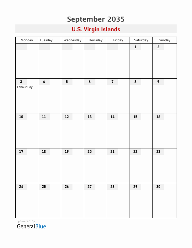 U.S. Virgin Islands September 2035 Calendar with Holidays
