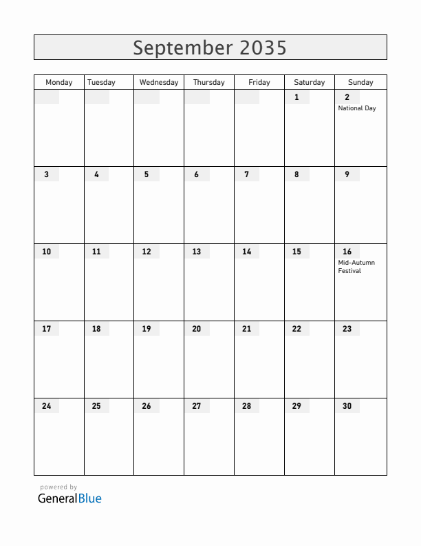 Vietnam September 2035 Calendar with Holidays