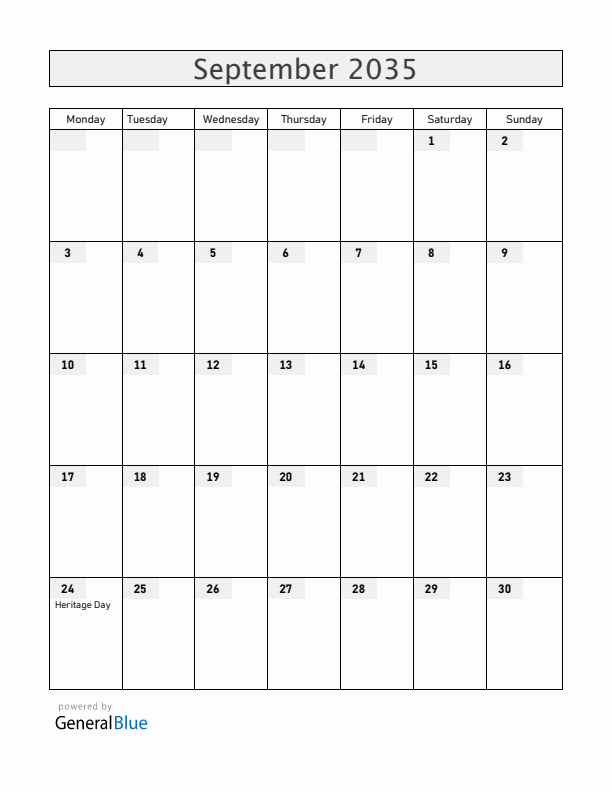 South Africa September 2035 Calendar with Holidays