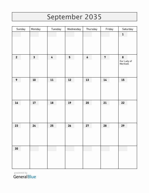 Andorra September 2035 Calendar with Holidays