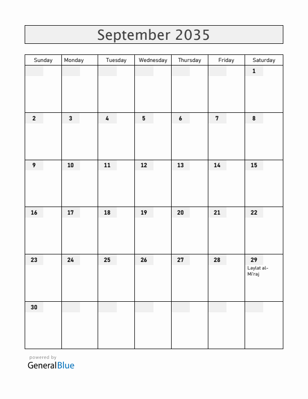 United Arab Emirates September 2035 Calendar with Holidays