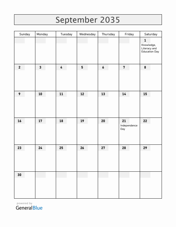Armenia September 2035 Calendar with Holidays