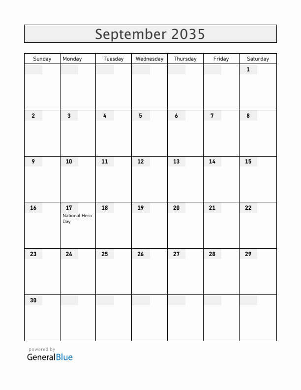 Angola September 2035 Calendar with Holidays
