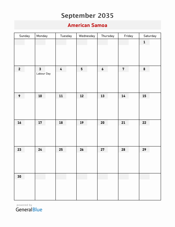 American Samoa September 2035 Calendar with Holidays