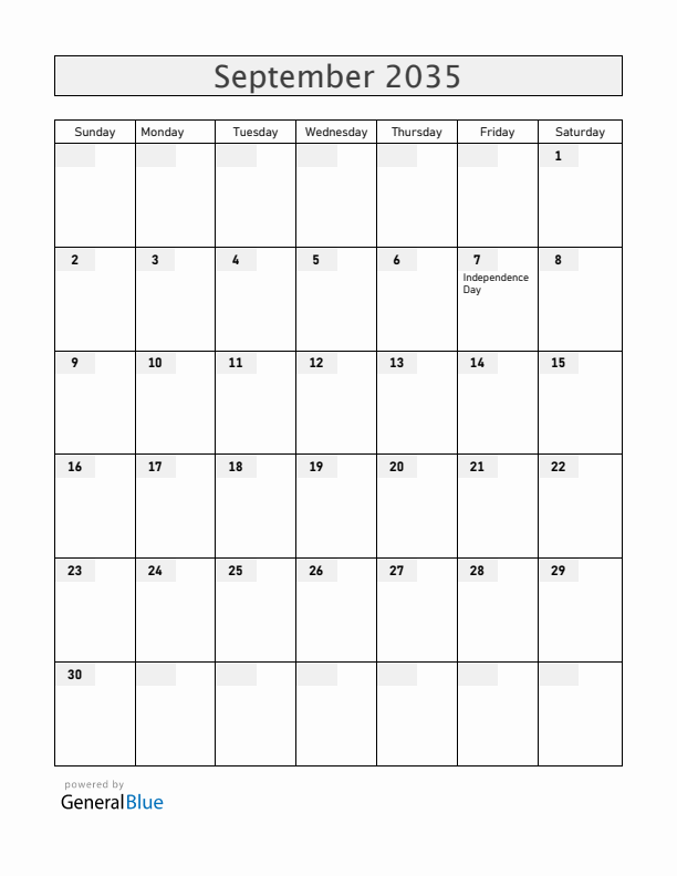 Brazil September 2035 Calendar with Holidays