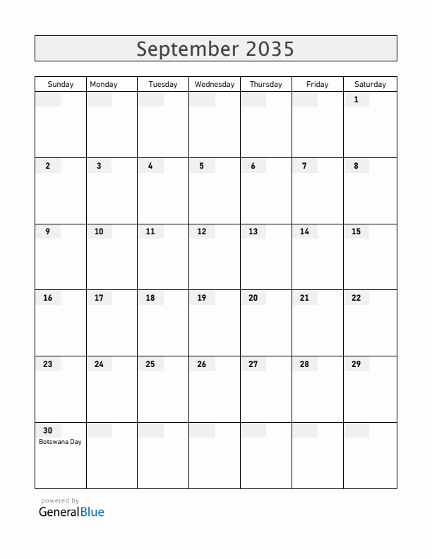 Botswana September 2035 Calendar with Holidays
