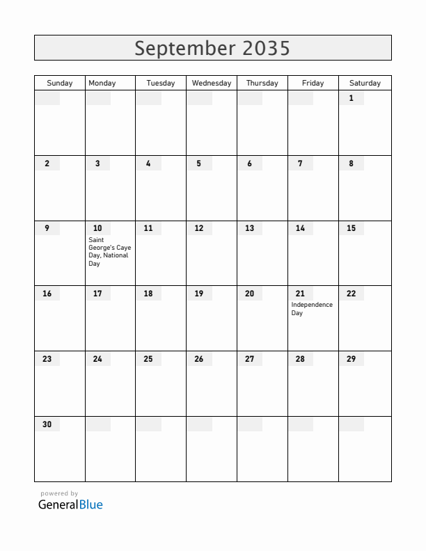 Belize September 2035 Calendar with Holidays
