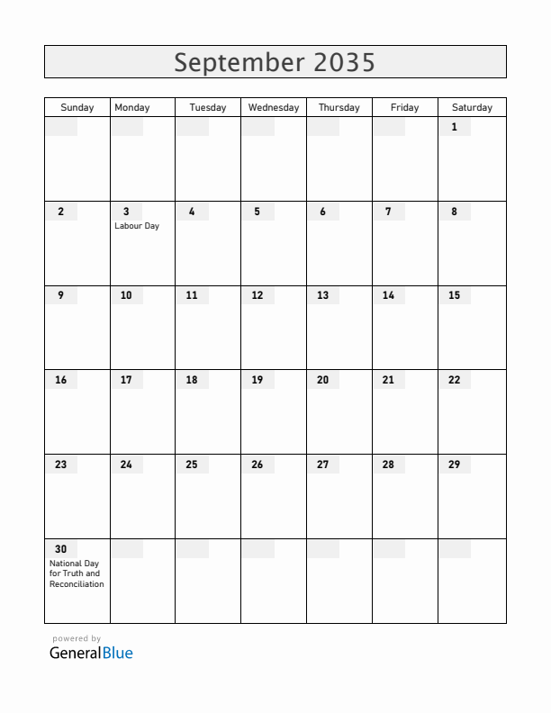 Canada September 2035 Calendar with Holidays