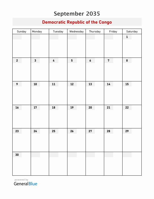 Democratic Republic of the Congo September 2035 Calendar with Holidays
