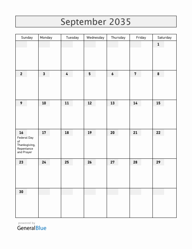 Switzerland September 2035 Calendar with Holidays