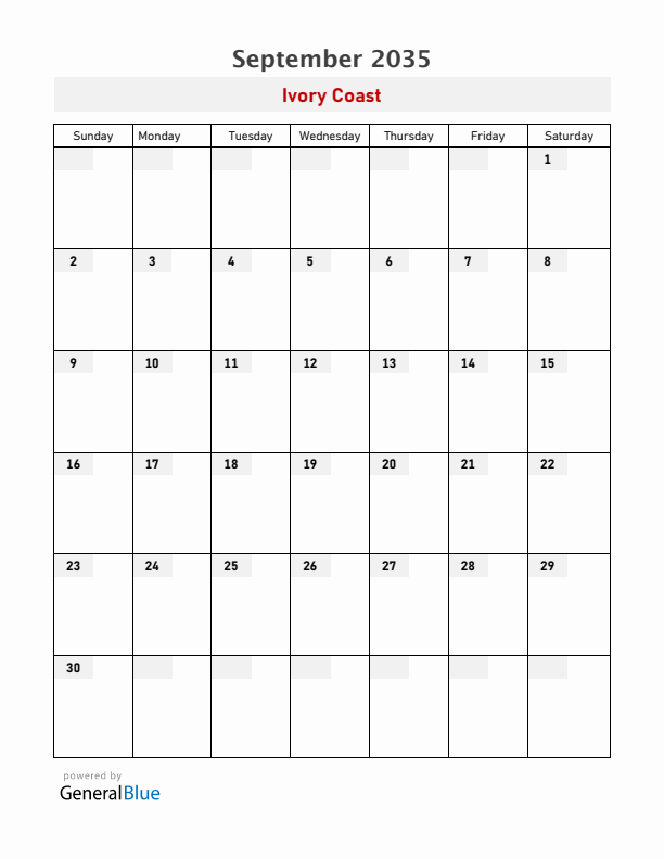 Ivory Coast September 2035 Calendar with Holidays