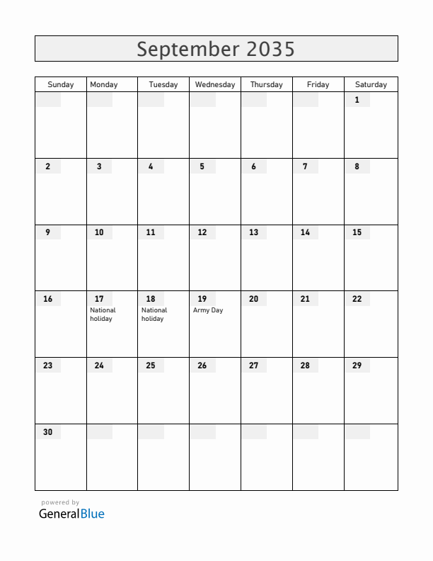 Chile September 2035 Calendar with Holidays