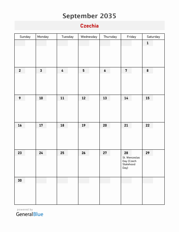 Czechia September 2035 Calendar with Holidays
