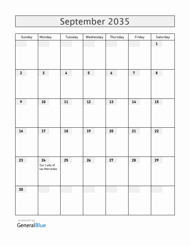 Dominican Republic September 2035 Calendar with Holidays