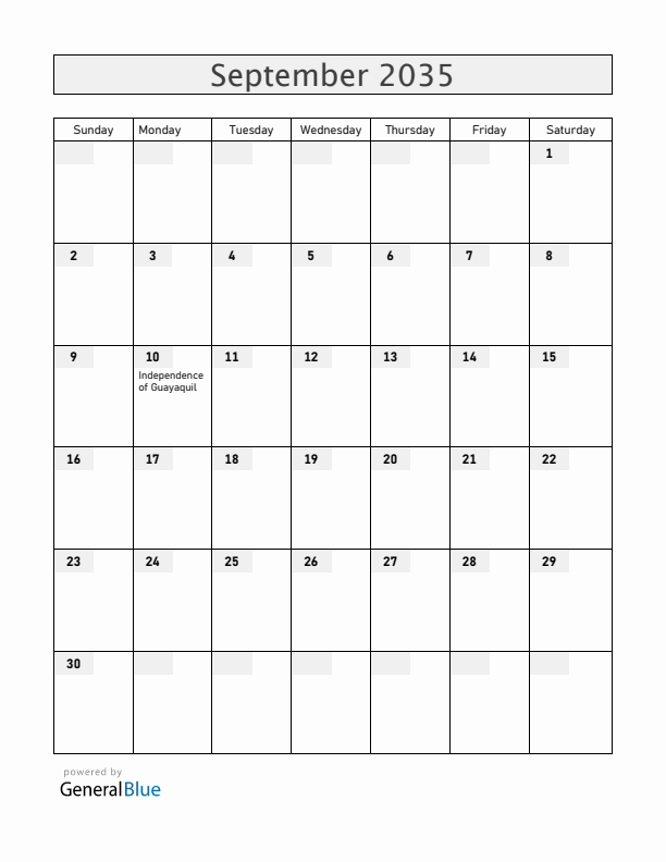 Ecuador September 2035 Calendar with Holidays