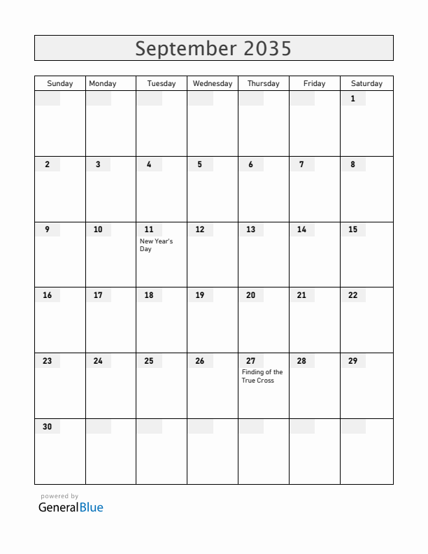 Ethiopia September 2035 Calendar with Holidays