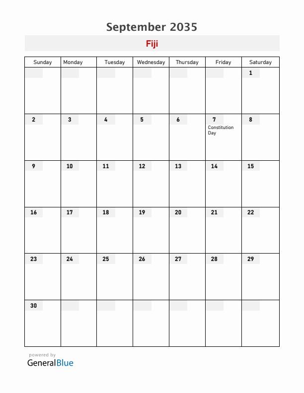 Fiji September 2035 Calendar with Holidays