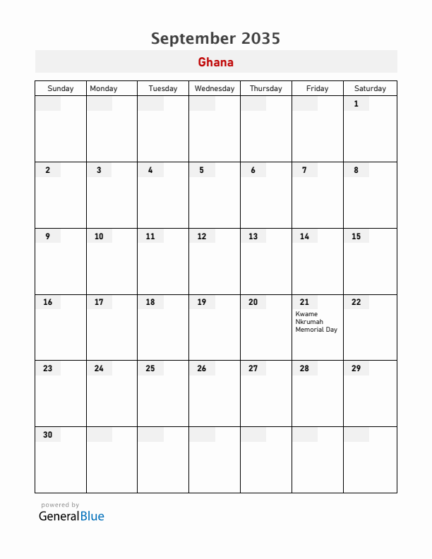 Ghana September 2035 Calendar with Holidays