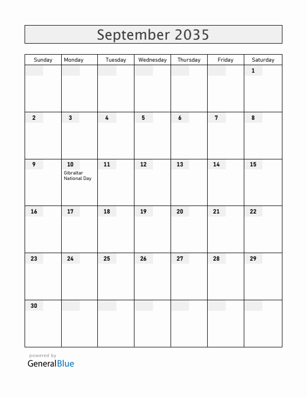 Gibraltar September 2035 Calendar with Holidays