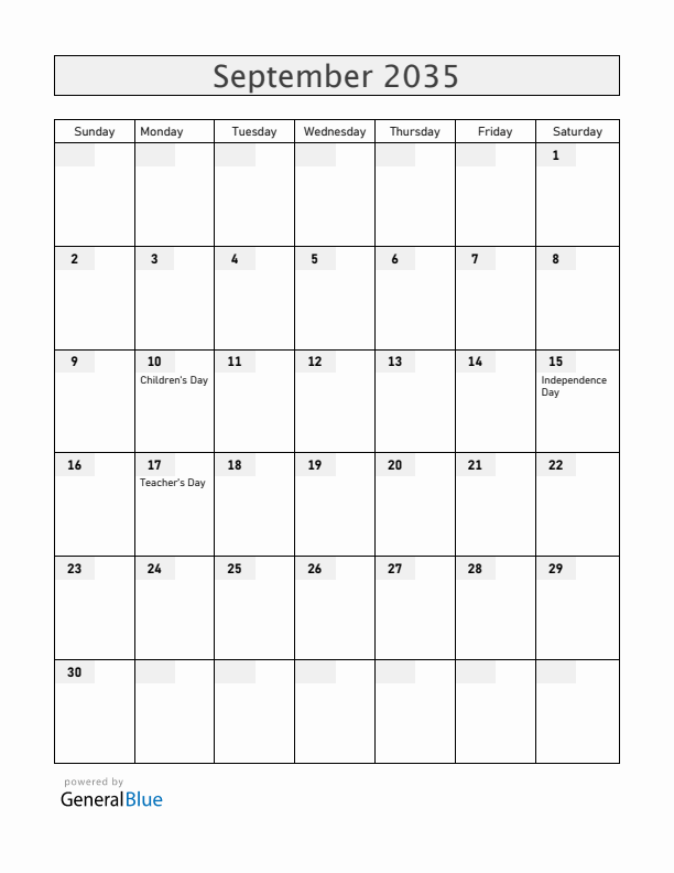Honduras September 2035 Calendar with Holidays
